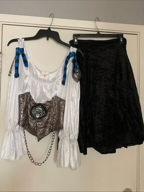 Rubie's Wht Pirate Top/ Metallic Brown Bodice -Blue Ties w/black skirt Costume